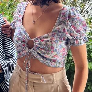 Love Tree Pink and Blue Puff Sleeve Crop Blouse